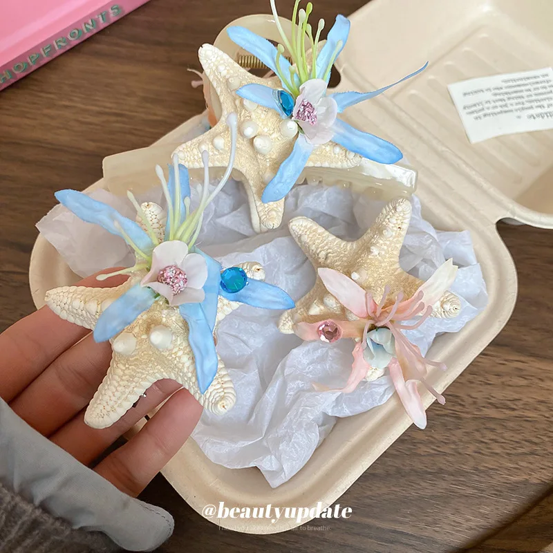 -مشبك شعر على شكل زهرة نجم البحر من القماش المرصع على شكل عطلة الشاطئ، صورة للسفر، إكسسوار شعر متعدد الاستخدامات