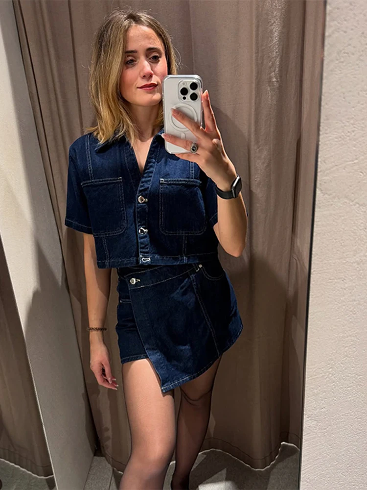 

Denim New In Matching Sets Women Retro Singe-breasted Pockets Short Jacket Irregular Mini Skirt Summer Lady Suit Streetwear New