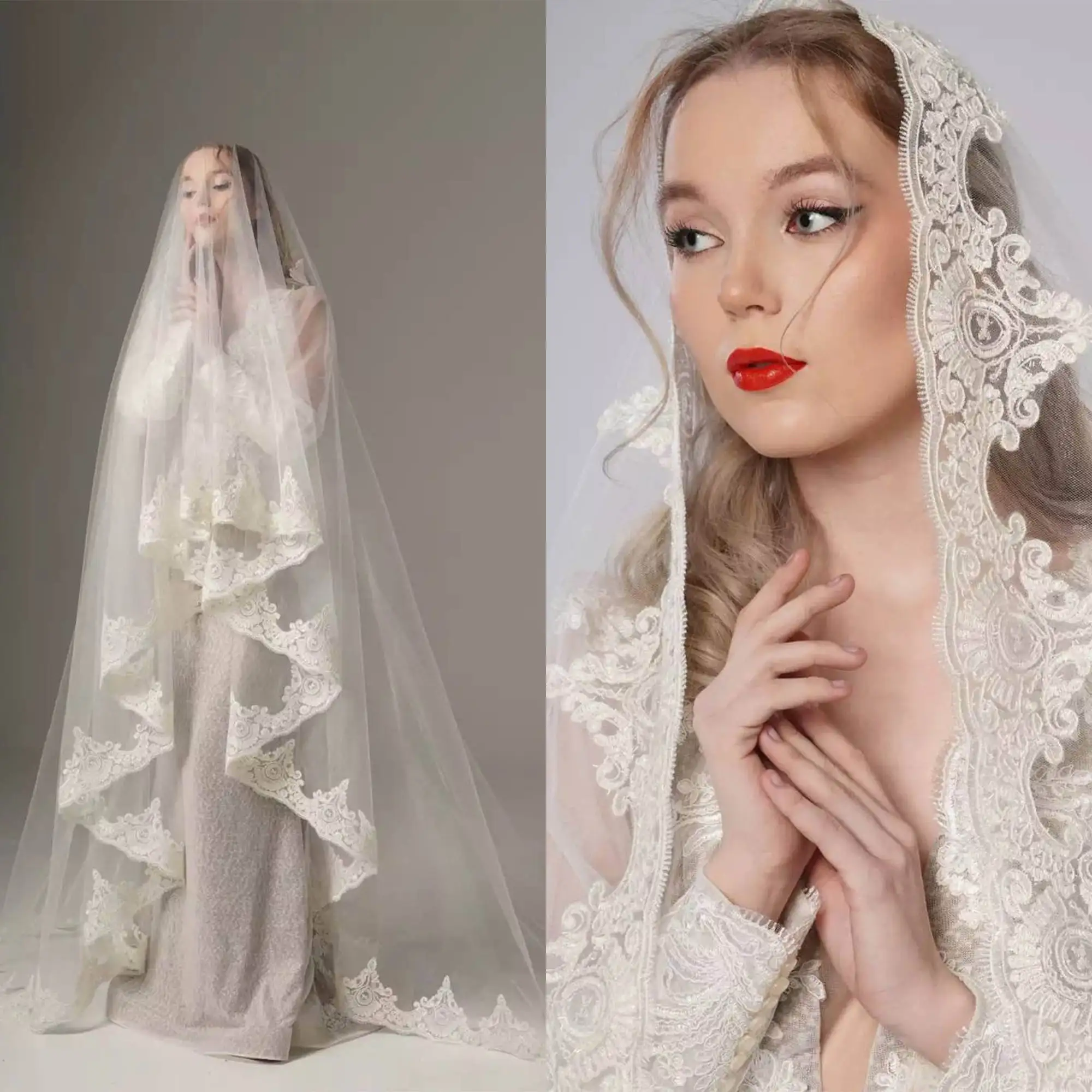 

Elegant Wedding Veil Blusher Chapel Length Veils Appliques One Layer Applique Edge Custom Made Bridal Accessories High Quality