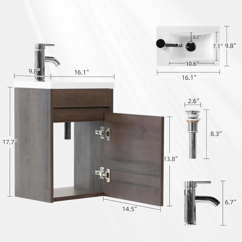 Wastafel rias kamar mandi 16 ", desain Set kabinet terpasang di dinding, keran krom atas wastafel Resin, meja rias kamar mandi