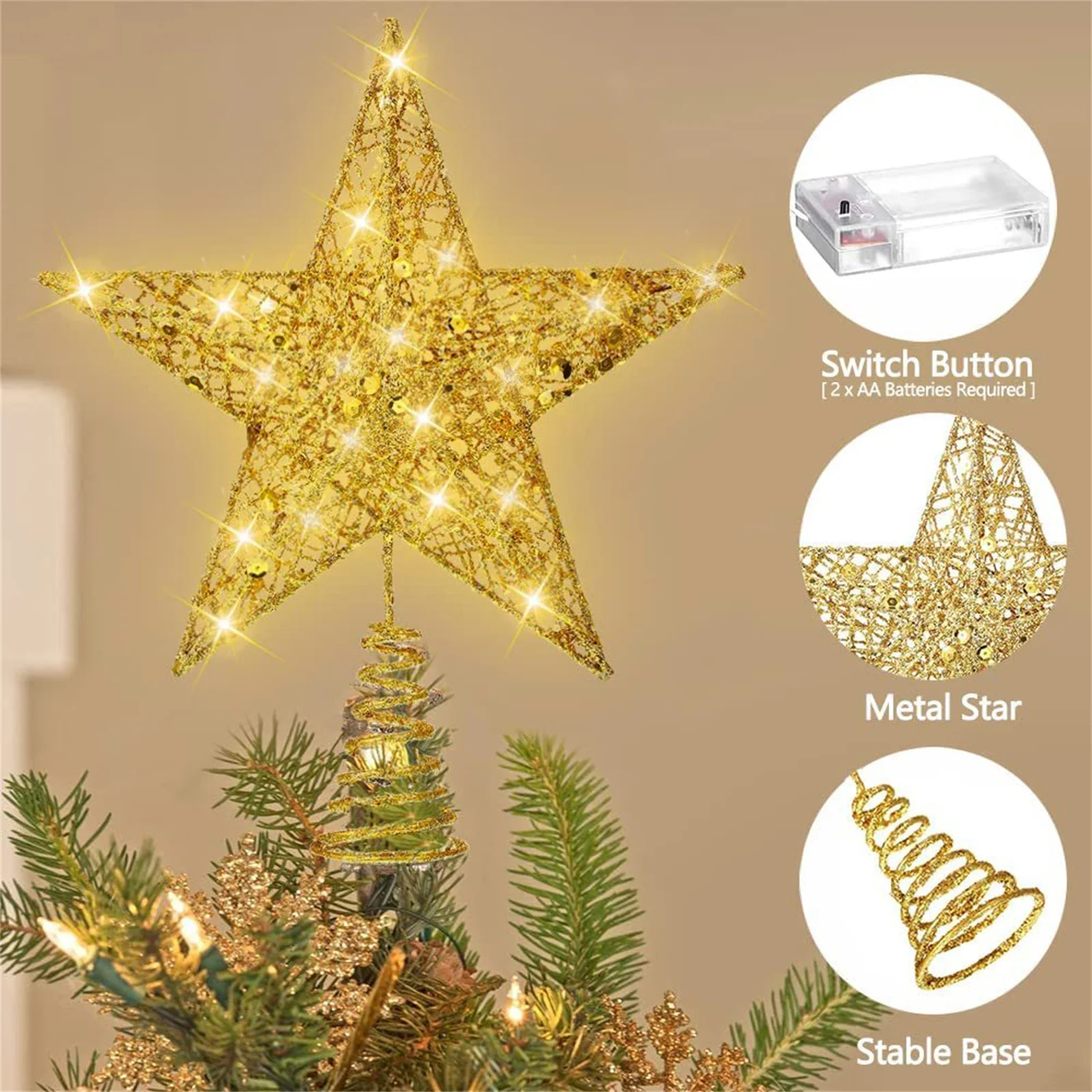 Adorno de árbol de estrella de Navidad, 2700 K, superbrillante, 20 luces LED para decoración del hogar y la Oficina