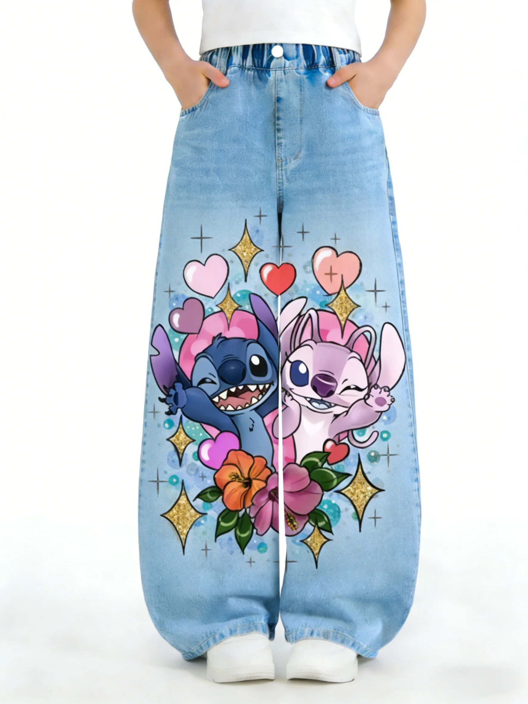 

Джинсы-ковбойки для девочек Disney, мягкий деним, удобные для кожи, свободные детские повседневные брюки с высокой талией, стильный наряд