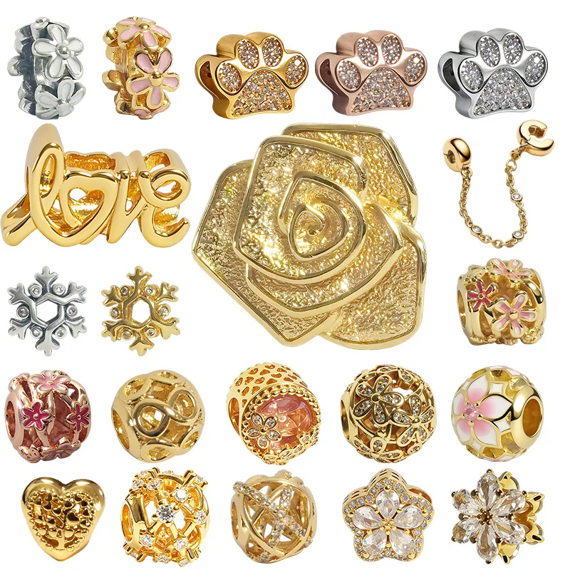 Neue Original-Charms-Perle, Übergroßer Rosenblüten-Charm & Dreifache Klare Stein-Sicherheitskettenperle Passend für Anhänger-Armband Damenschmuck Geschenk