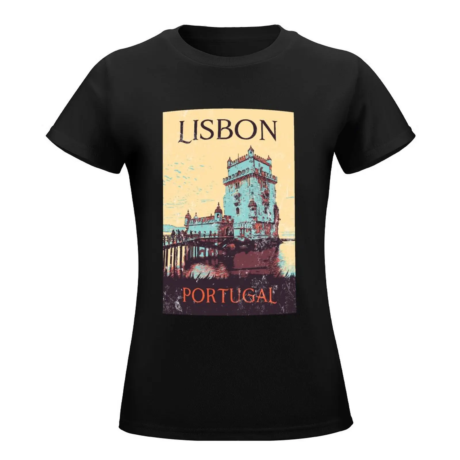 Lisbon Tower of Belem Illustration Iconic Monument Art T-Shirt korean fashion blanks tshirts for Women