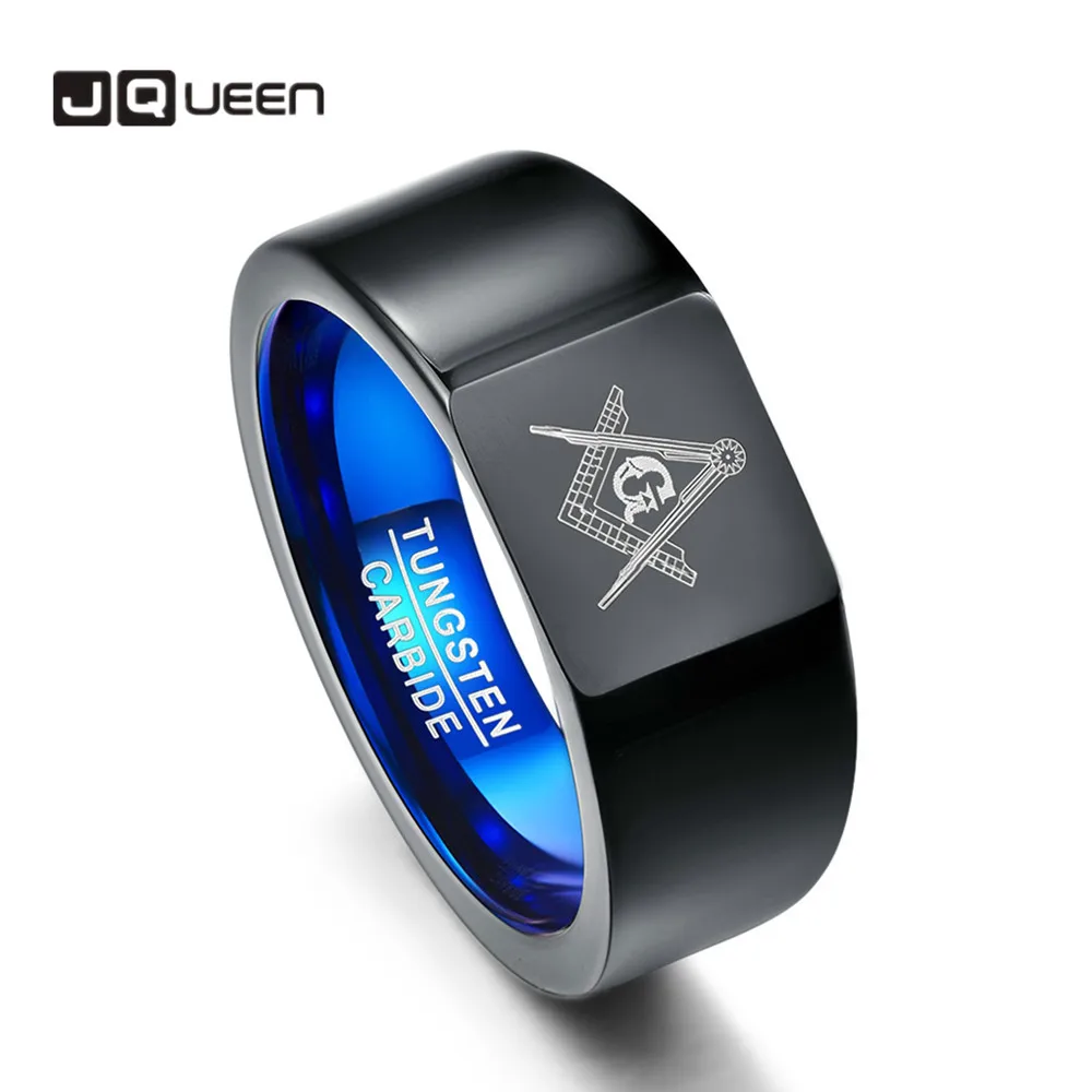 JQUEEN 10mm Retro Style Tungsten Carbide Rings Big Head Vacuum Plating Black with Blue Rings Laser Masonic Sign Tungsten Ring