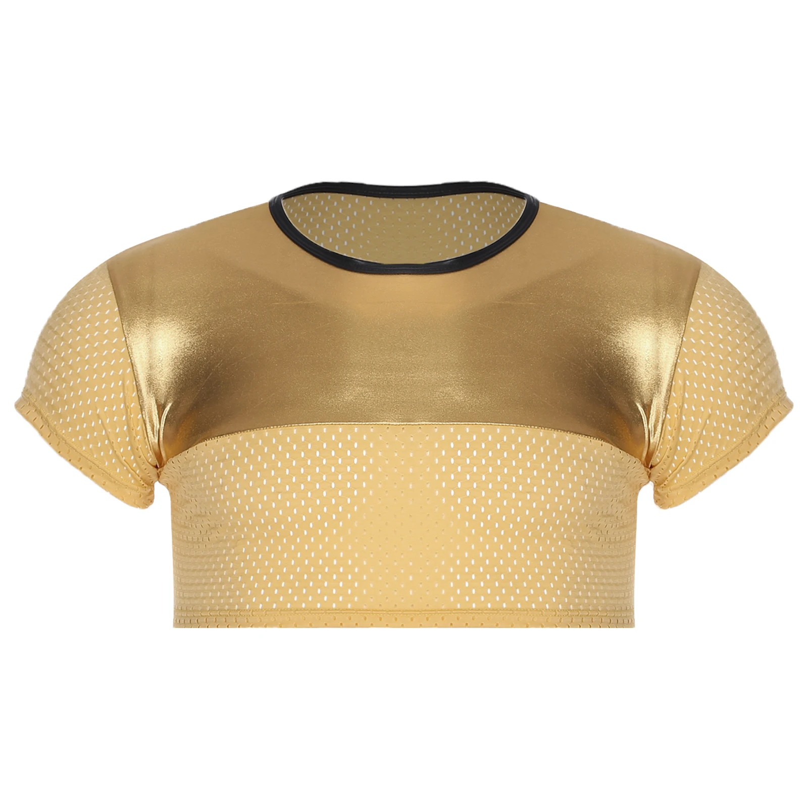 Top corto da uomo alla moda Camicette corte slim a maniche corte in mesh traspirante lucido metallizzato per la festa di ballo del club