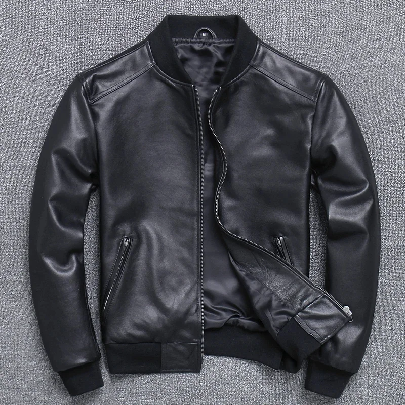 Black Aviation Genuine Leather Bomber Jacket Men Pilot Sheepskin Real coat short Slim business jacket leather