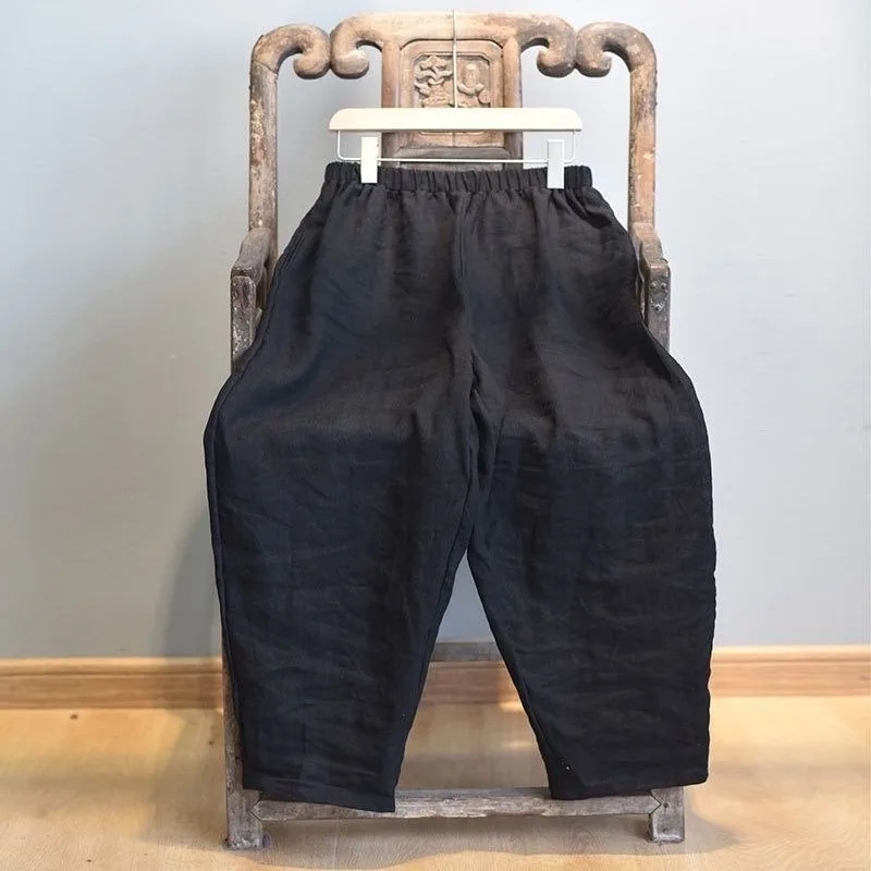 Women's Spring and Autumn Long Pants Wide Leg Elastic Waist Radish Pants Literary and Artistic Retro Short Leather Versatile New