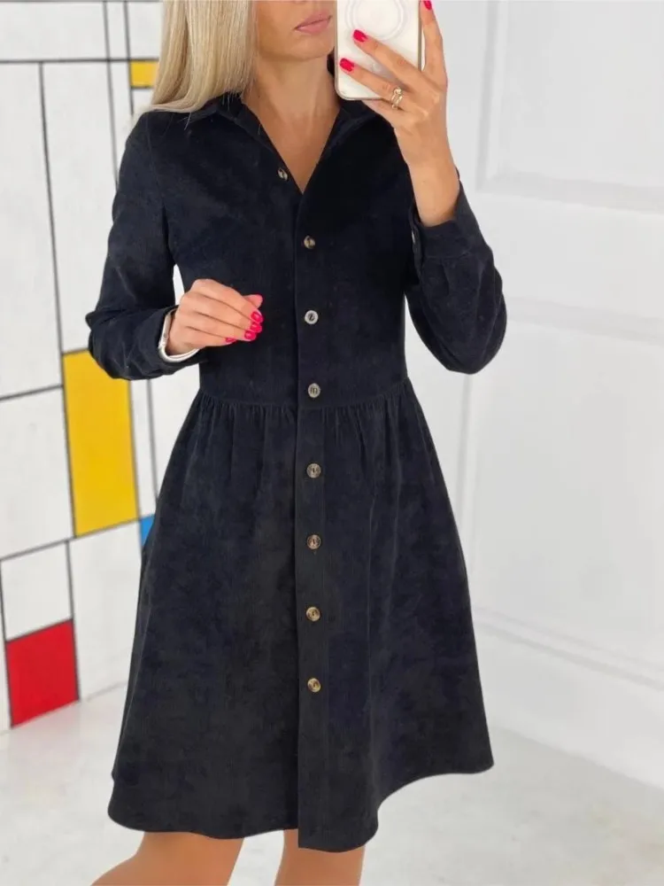 Autumn Winter Women's New Mid-length Skirt Solid Color Long-sleeved Single-breasted Shirt Dress Fashionable Loose Corduroy Dress