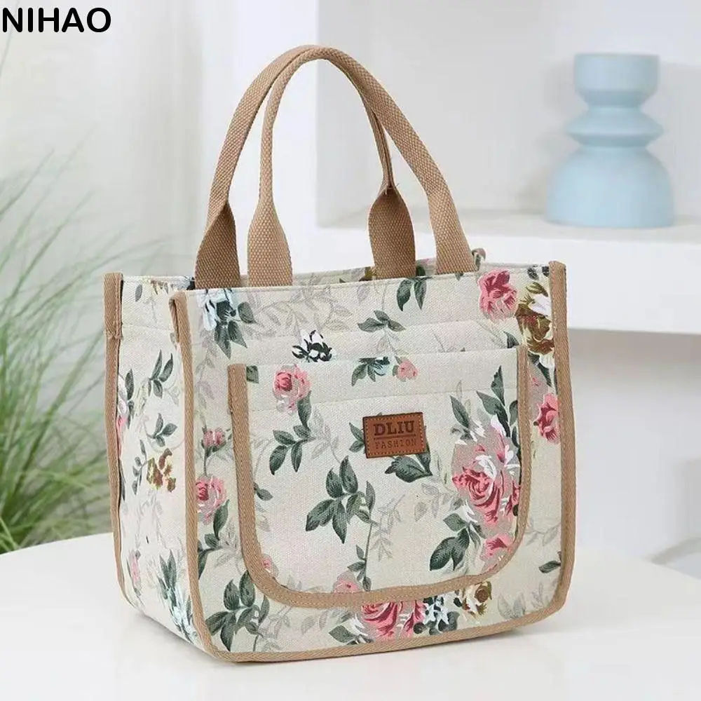 

Portable Insulated Floral Print Lunch Bag Flower Foil Lining Canvas Handbag Japanese Style Large Capacity Tote Bag Worker
