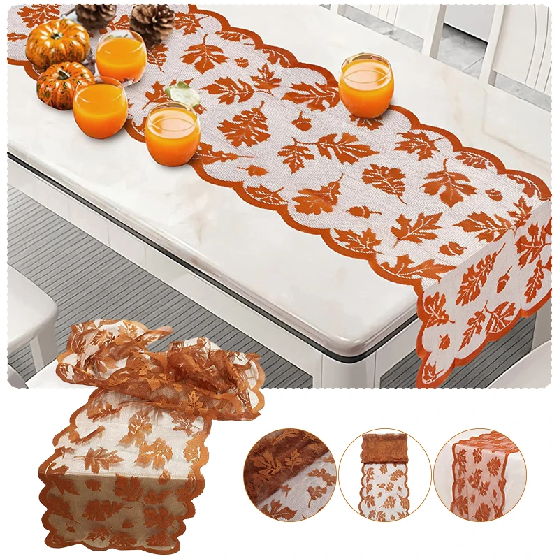 

Christmas Thanksgiving Table Flag Harvest Festival Maple Leaf Table Flag Family Table Decoration Lace Table Flag with Table Mat