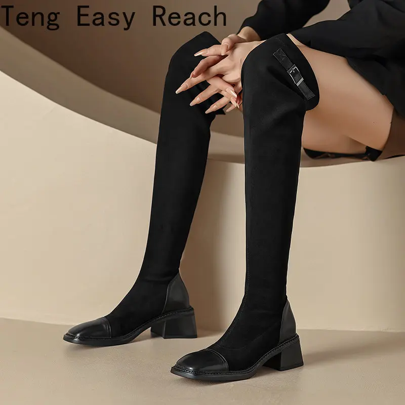 

Fashion Knee High Boots Women Shoes Zipper Women's High Boots Black brown Elastic Flock Long Tall Shoes Lady 2022 Autumn Winter