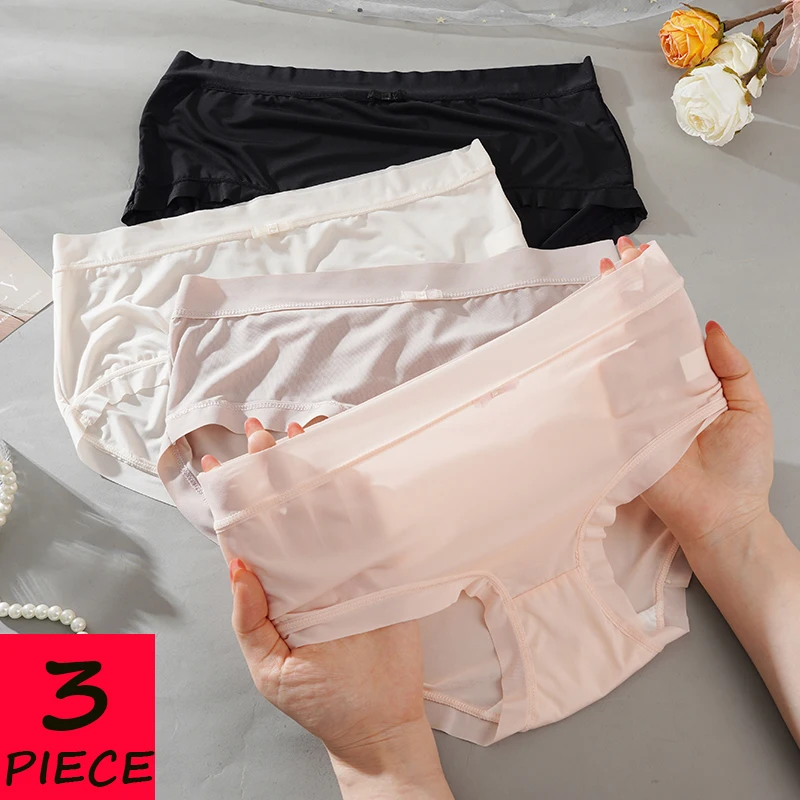 3PCS Women Panties Sexy Lingerie Ice Silk Quick Drying Briefs Female Seamless Transparent Underwear Solid Color Thin Underpants