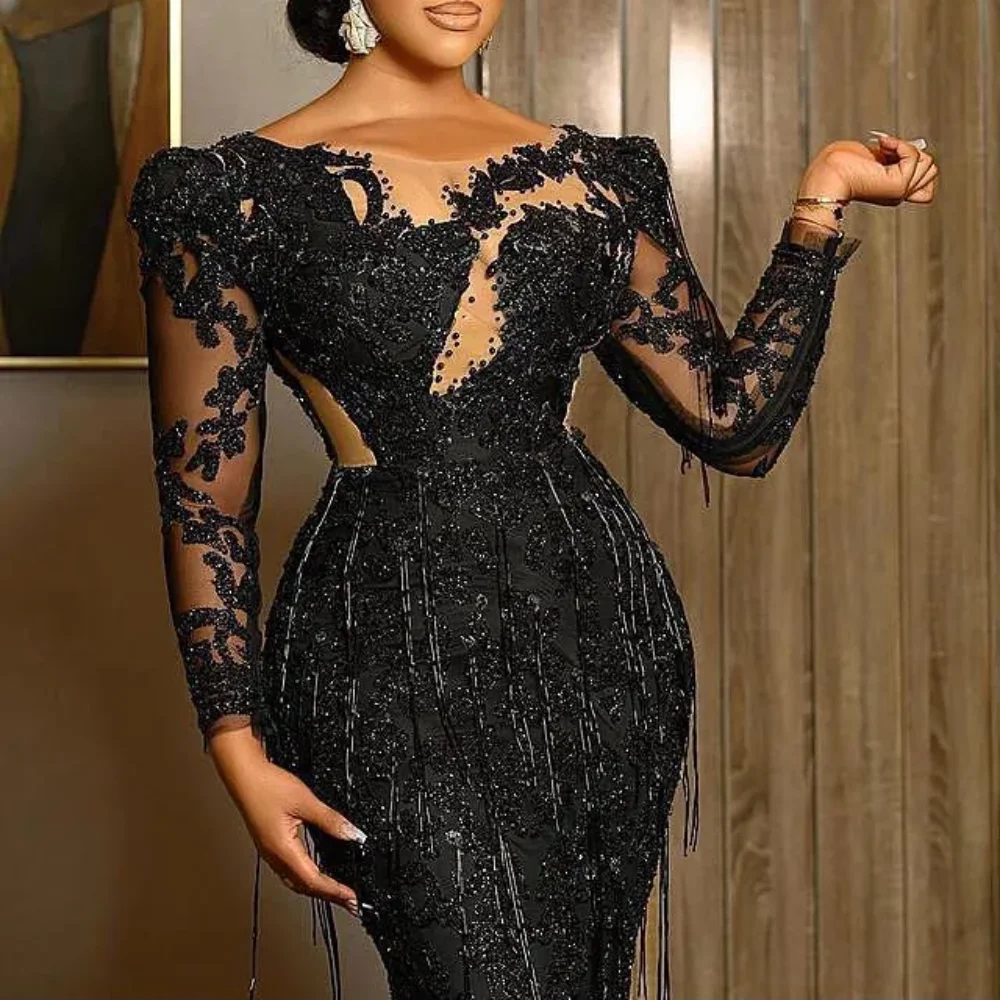 تخصيص أسود فاخر غمد فساتين لحضور الحفلات الموسيقية الدانتيل مطرز شير الرقبة مساء حفلة رسمية فساتين الاستقبال الثانية فستان 2025