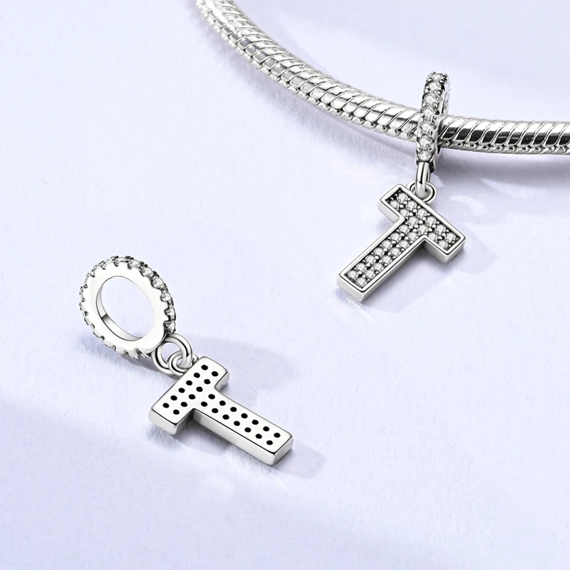 

925 Sterling Silver Letters Charms Bead CZ Zircon T Alphabet Dangle Fit Original Bracelet Women Jewelry Gift