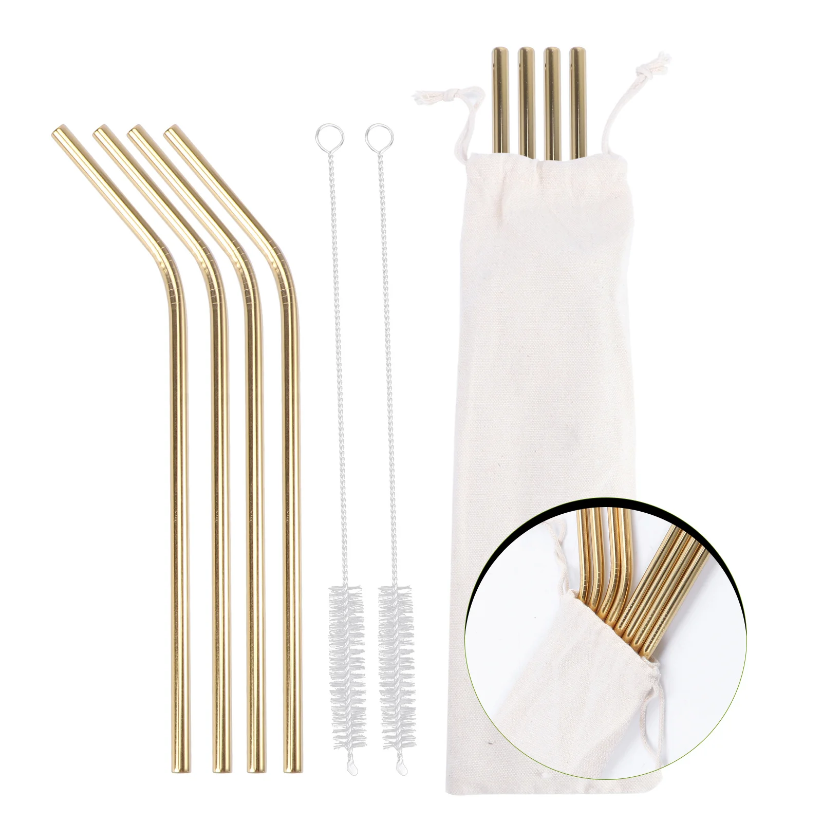 

11Pcs Stainless Steel Straw Set Curved Straight Reusable for 20oz Tumbler Cleaning Brushes Carry Cloth Bag Reusable Straws