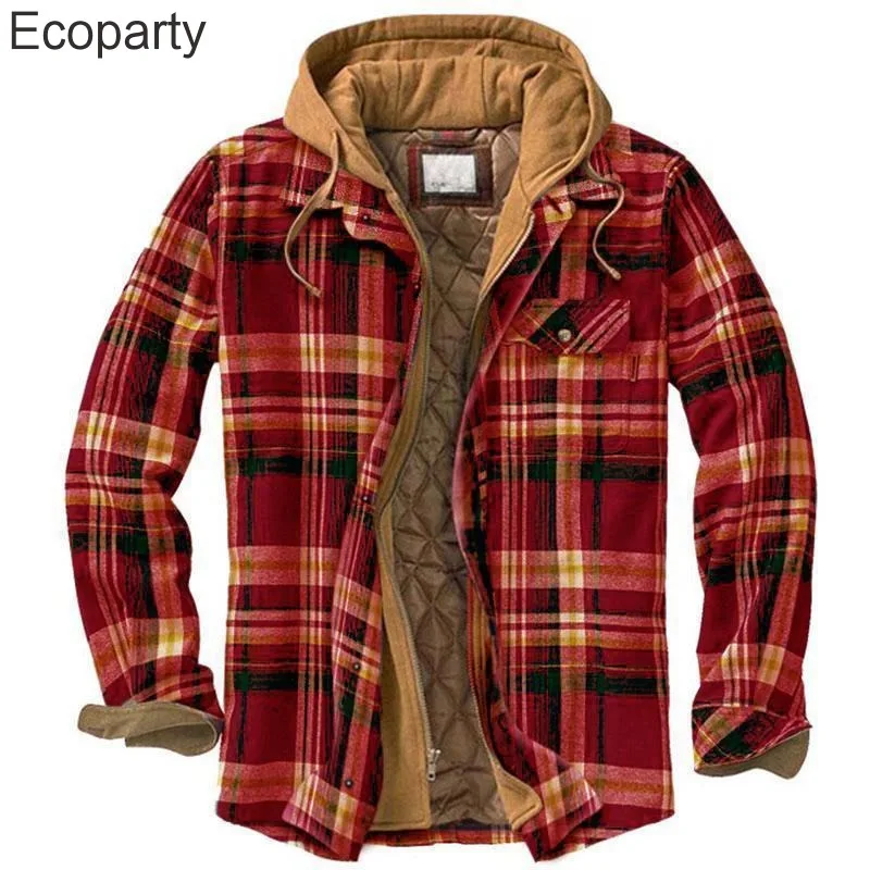 Men Winter Jackets Harajuku Plaid Shirts Coats Hooded Zipper Long Sleeve Basic Casual Shirts Jackets European Style Size S-5XL