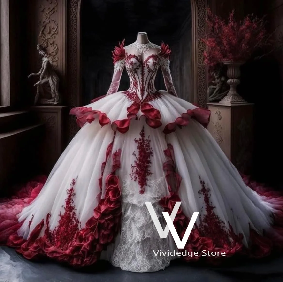Burgunderrotes viktorianisches Gothic-Brautkleid mit Herzausschnitt, Spitzenstickerei, langen Ärmeln, Vintage-Stil, flauschiges Vampir-Hochzeitskleid, individuell anpassbar