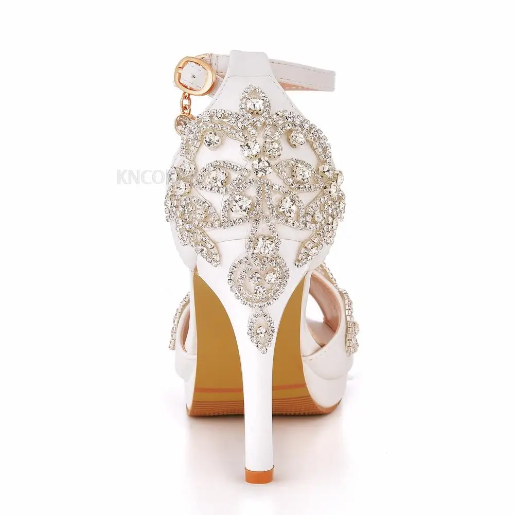 Women Wedding Shoes Bride Sandals White Rhinestones Silver Platform Dress Thin High Heels Ladies Pumps