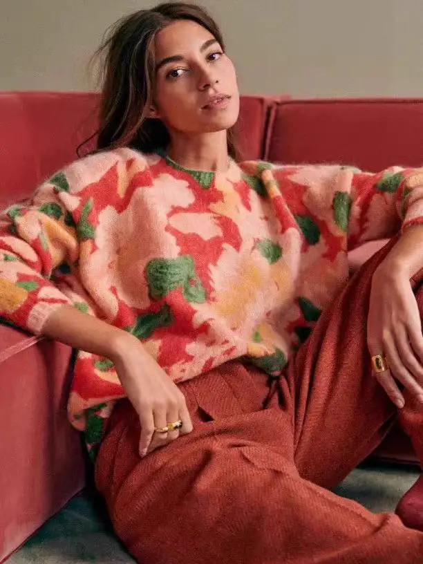 Maglione lavorato a maglia rotondo in lana Camere vintage con stampa romantica Maglieria da donna dolce Sle ampia vestibilità lunga Sve V-Ne