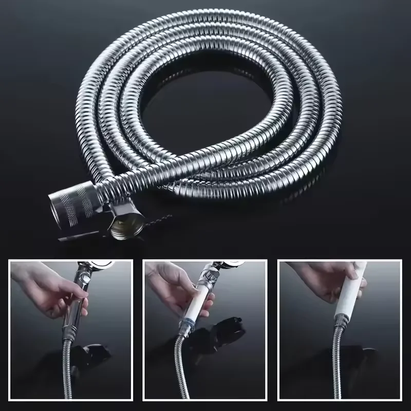 1.5/2M Black/silver SUS 304 Flexible Shower Hose Long Bathroom Shower Pipe Extension Water Pipe Pull Pipe Bathroom Accessories view 4