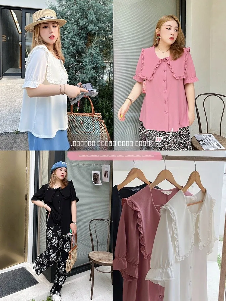 

Vogana Original Doll Collar Loose Fit ort Sve irt for Younger Looking Girls Meat Covering Top Korean Sle Summer Wear