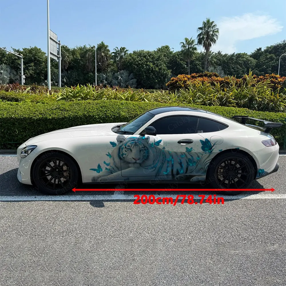 2pcs Blue Butterfly And White Tiger Car Sticker Full Body Decal Decoration Scratches Protect Car Decal Waterproof Car Vinyl Wrap