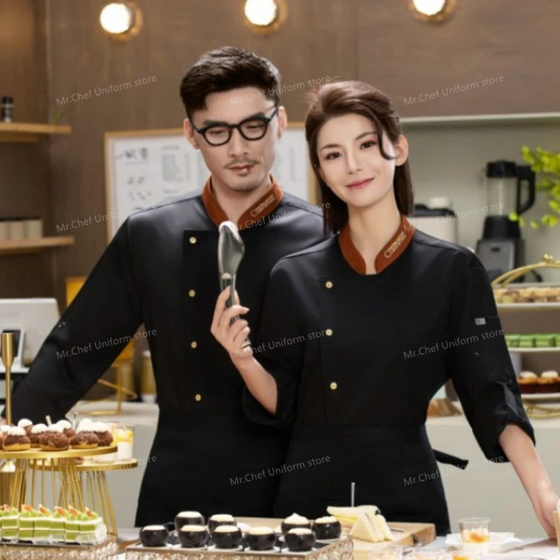 Chaqueta de Chef blanca de manga larga, uniforme de Chef de restaurante, camiseta de Chef, uniforme de trabajo de panadero, abrigo de cocinero de Hotel, ropa con logotipo para mujer
