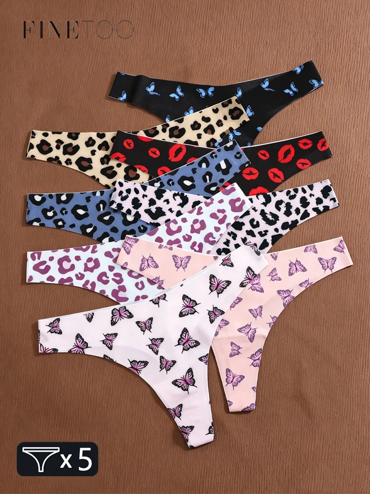 FINETOO 5Pcs Ultra-thin Graphic Print Thongs For Women Sexy Ics Silk Stretch Panties Underwear Leopard G Strings Bikini Lingerie