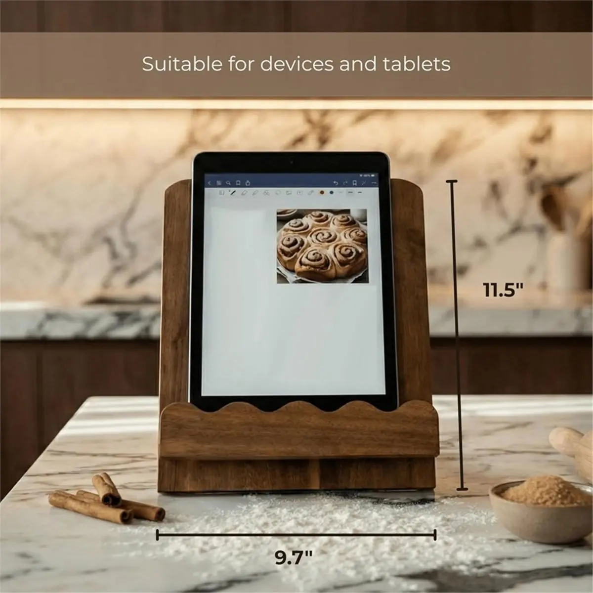 Beautiful Wooden Cookbook Stand for Kitchen Counter, Solid Wood Scalloped Book Holder for Cookbooks & Tablets