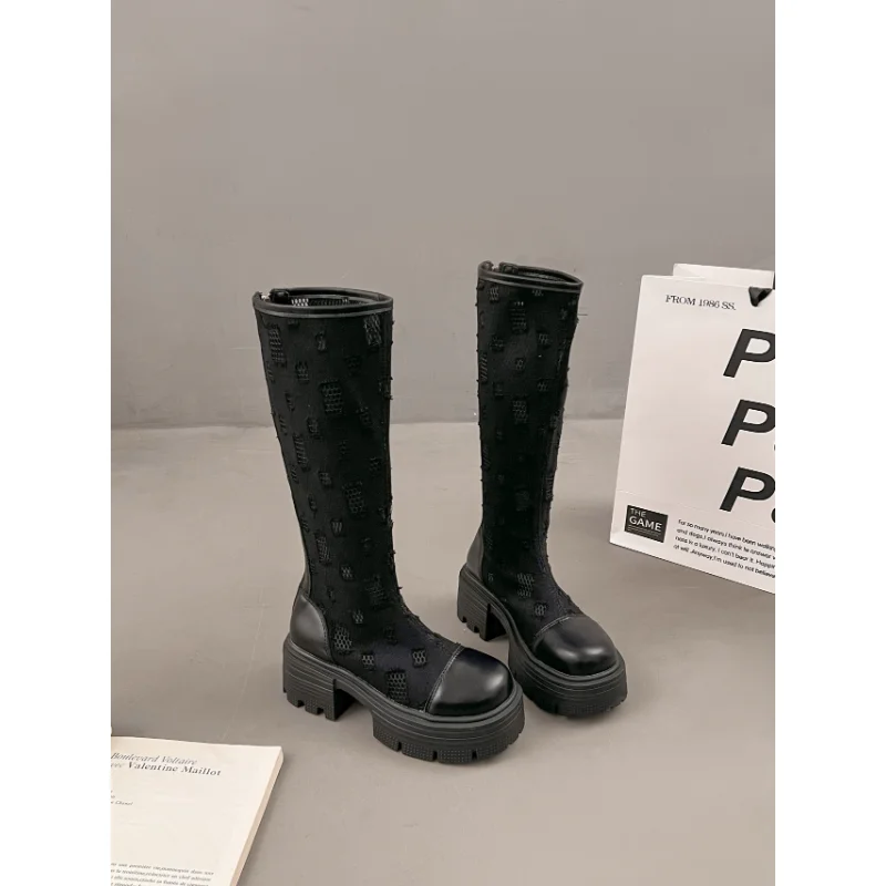 أحذية نسائية على الموضة أحذية طويلة شبكية جديدة مع نعل سميك قابل للتنفس وصنادل بمقدمة مستديرة لا توجد فوق الركبة #5