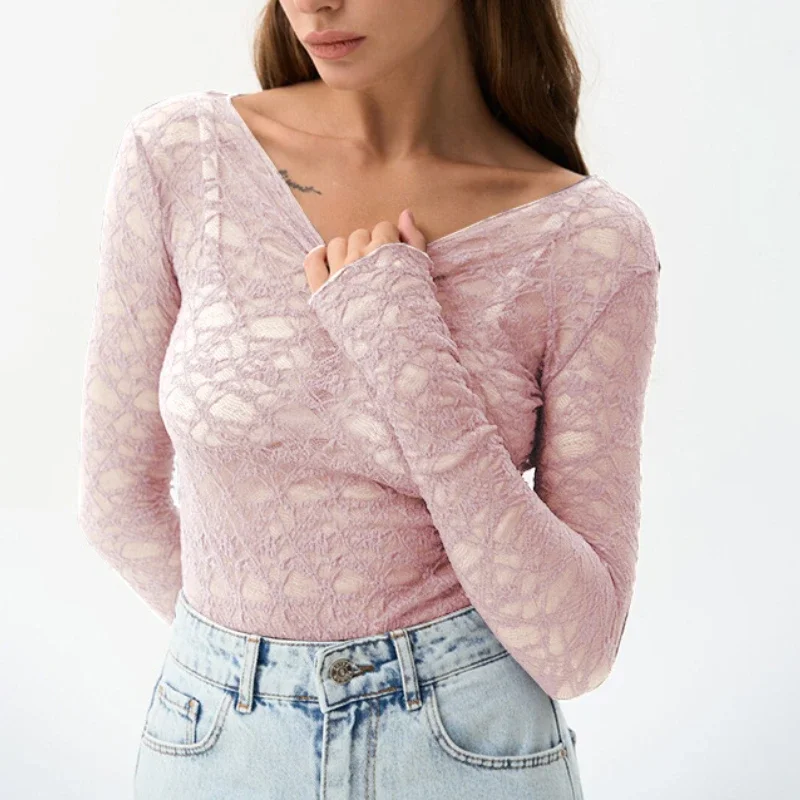 

Sexy Lace Pattern Solid Color Slim T Shirt Women Long Sleeves Bottoming Shirt Ladies Tee Shirt Tops Camisetas Mujer