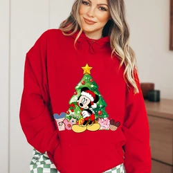 Mickey Mouse Christmas Print Women's Autumn and Winter Hoodie Plus Velvet Sports Sweater Red Loose Top