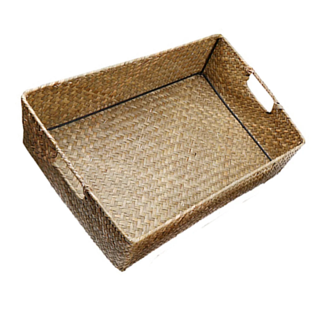 Vanity Tray Hand-woven Seaweed Organizer Toy Basket Storage Bamboo Rectangular Sundries Office