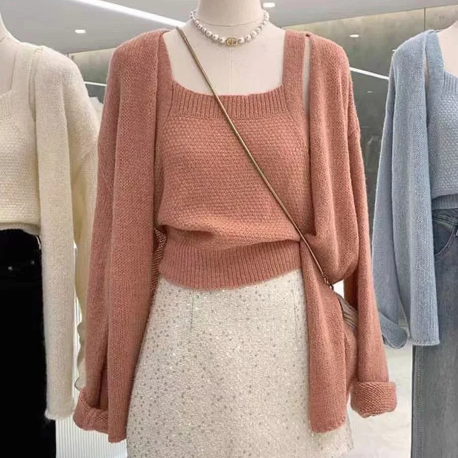 Knitted Cardigans + 2 Piece Women Sweater Camisole Cardigans Casual Solid Loose Open Stitch Sets Female Spaghetti Strap Vest