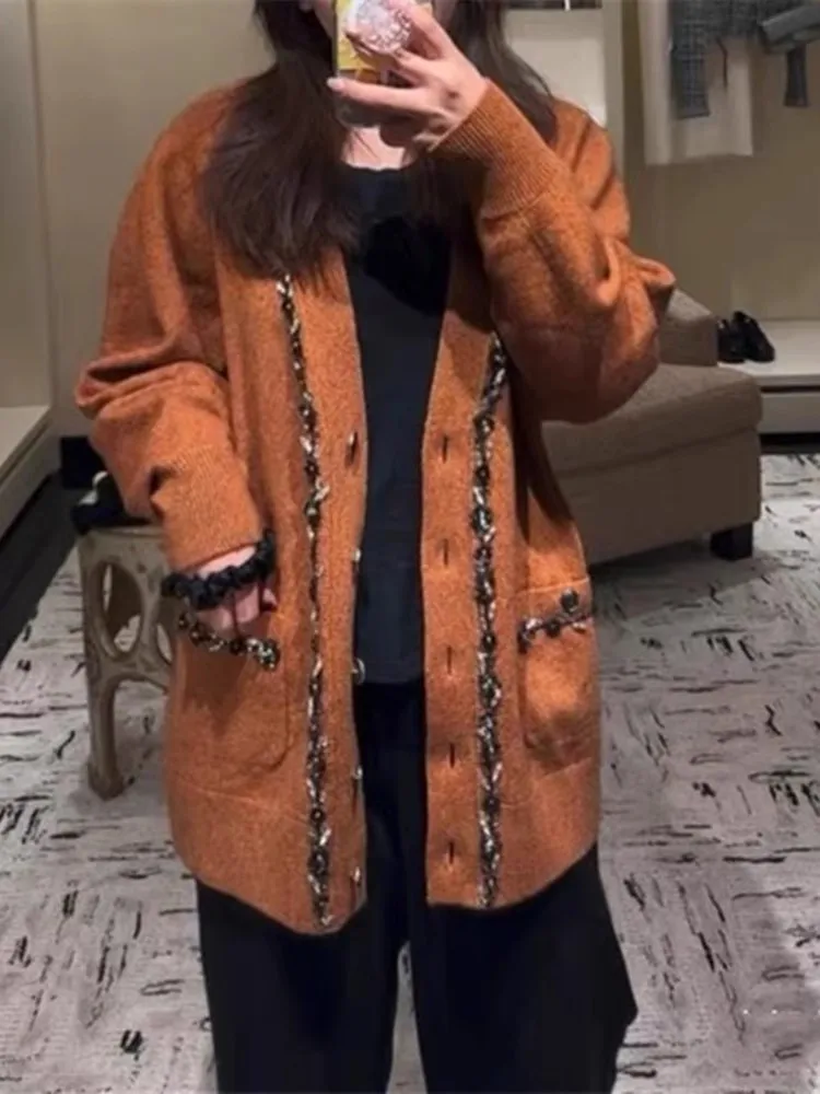 Damski sweter na jesień, luźny krój, długi rękaw, dekolt w serek, dzianinowy kardigan, kurtka z cekinami, modny, zapinany na jeden guzik.