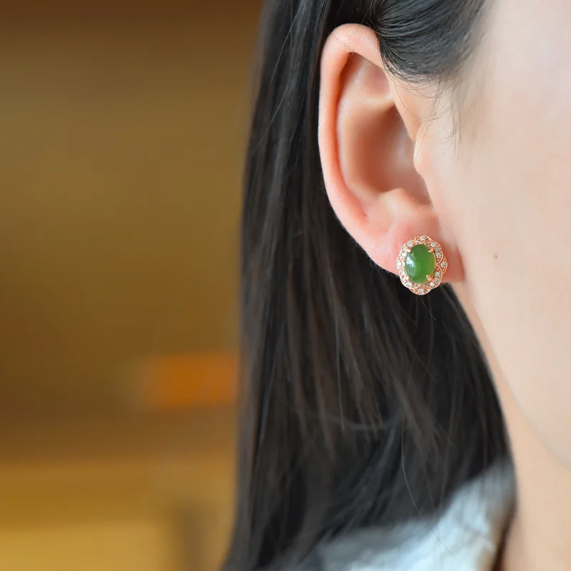 

S925 Silver Inlay Hetian Green Jade Noodle Ear Studs