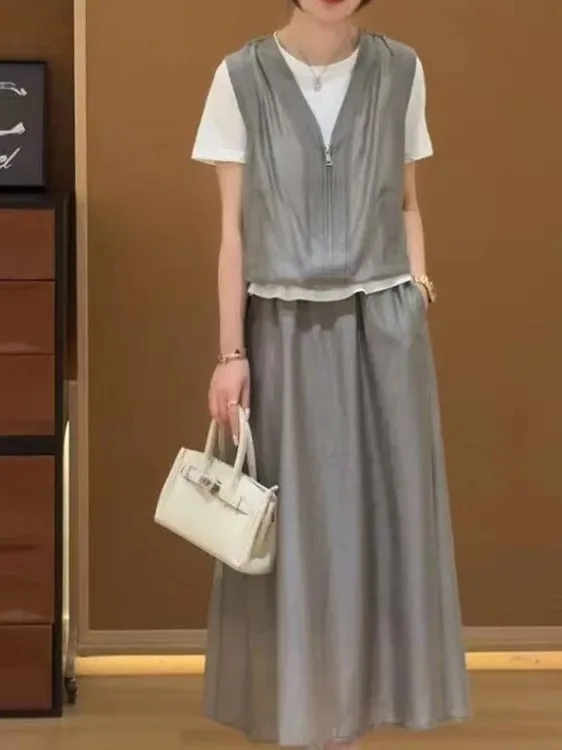 

Korean Style Loose Fit Half Skirt Set Women's Summer New Fashion T-Shirt And High Waist Long Skirt Breathable Casual Outfit