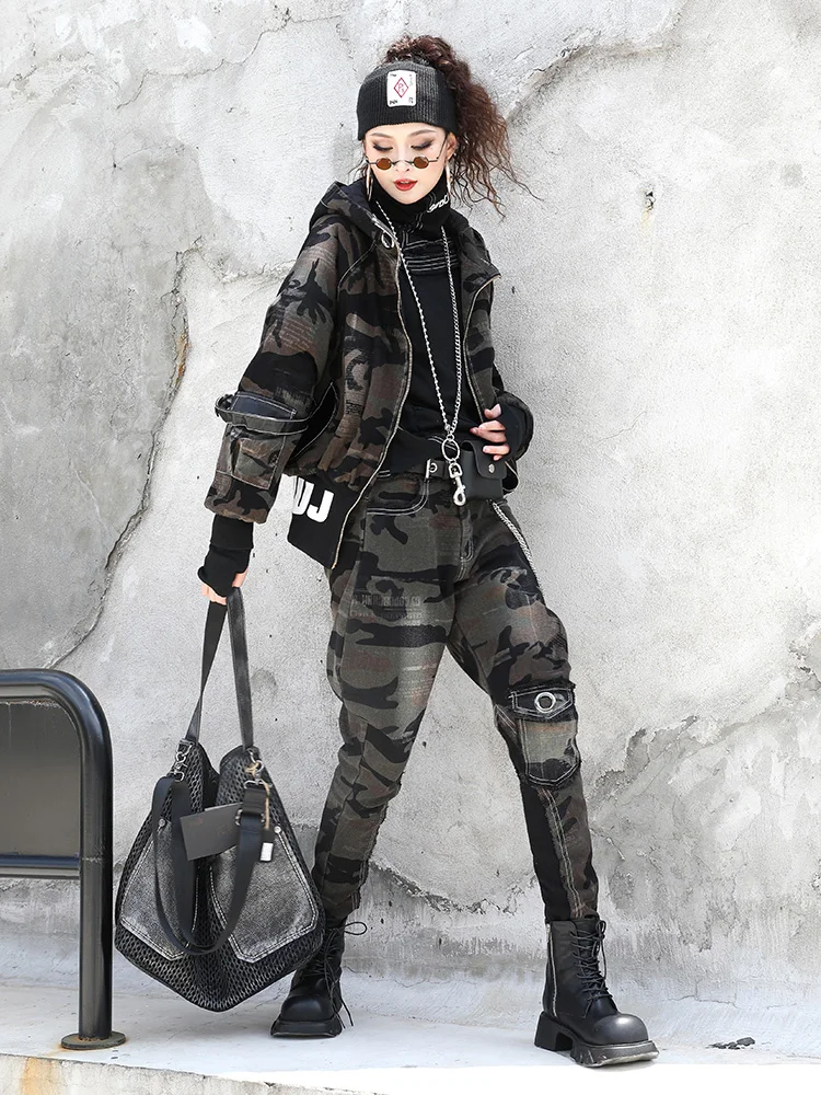 2024 Spring Autumn Camouflage Denim Pant Set Women Long Sleeve Coat + Harem Pants Two Piece Set Personalized LX1023