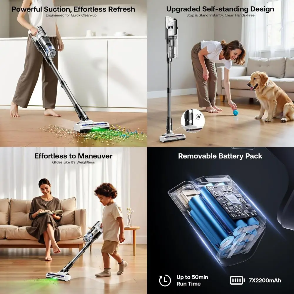 Self-Standing Lightweight Stick Vacuum, 50 Mins Runtime, Strong Suction, Suitable for Various Surfaces, Pet Hair Removal, White