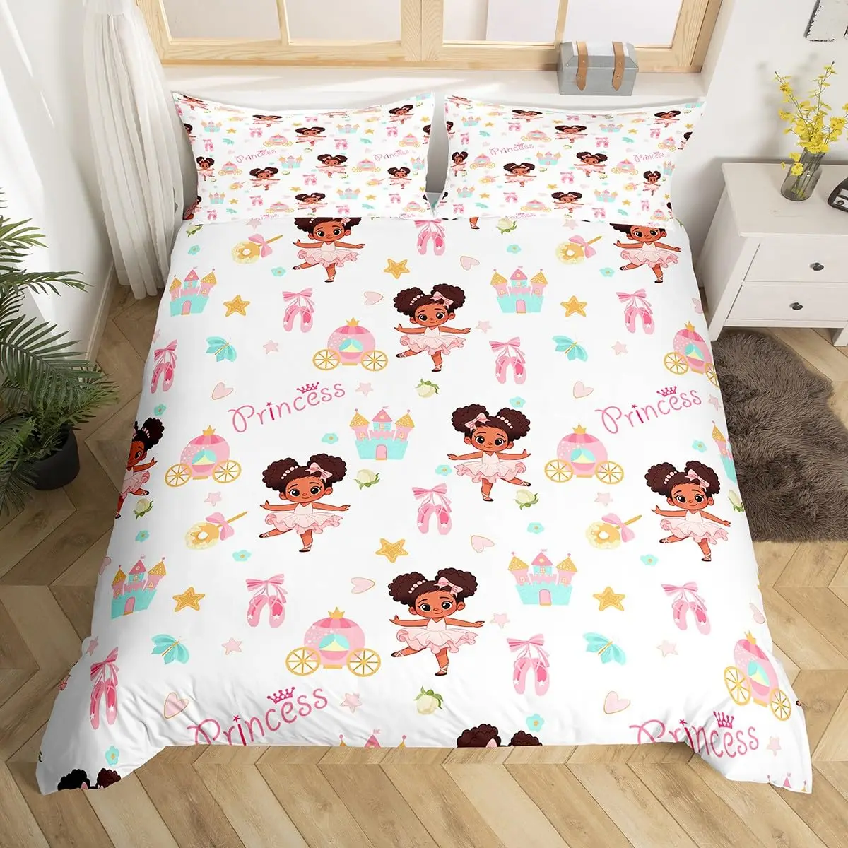 Cartoon Girl Pink Princess Duvet Cover Kawaii Castle Carriage Bedding Set,Ballet Dancer Comforter Cover Star Flower Quilt Cover