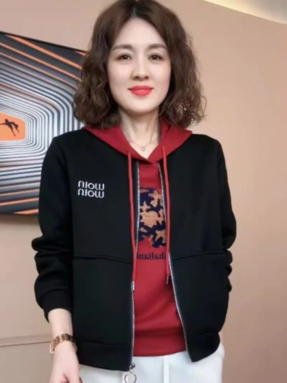 

Casual Sle Baseball Jaet for Middle-Aged Women Spring Autumn Faionable Slimming Top Cotton Zipper Long Sve Coat