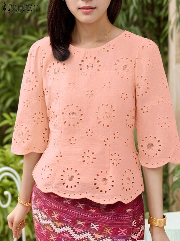 

ZANZEA Openwork Embroidery Patchwork Blouses 3/4 Sleeve O-Neck Scalloped Hem 2025 Summer Blusas Mujer Fashion Woman Tunic Tops