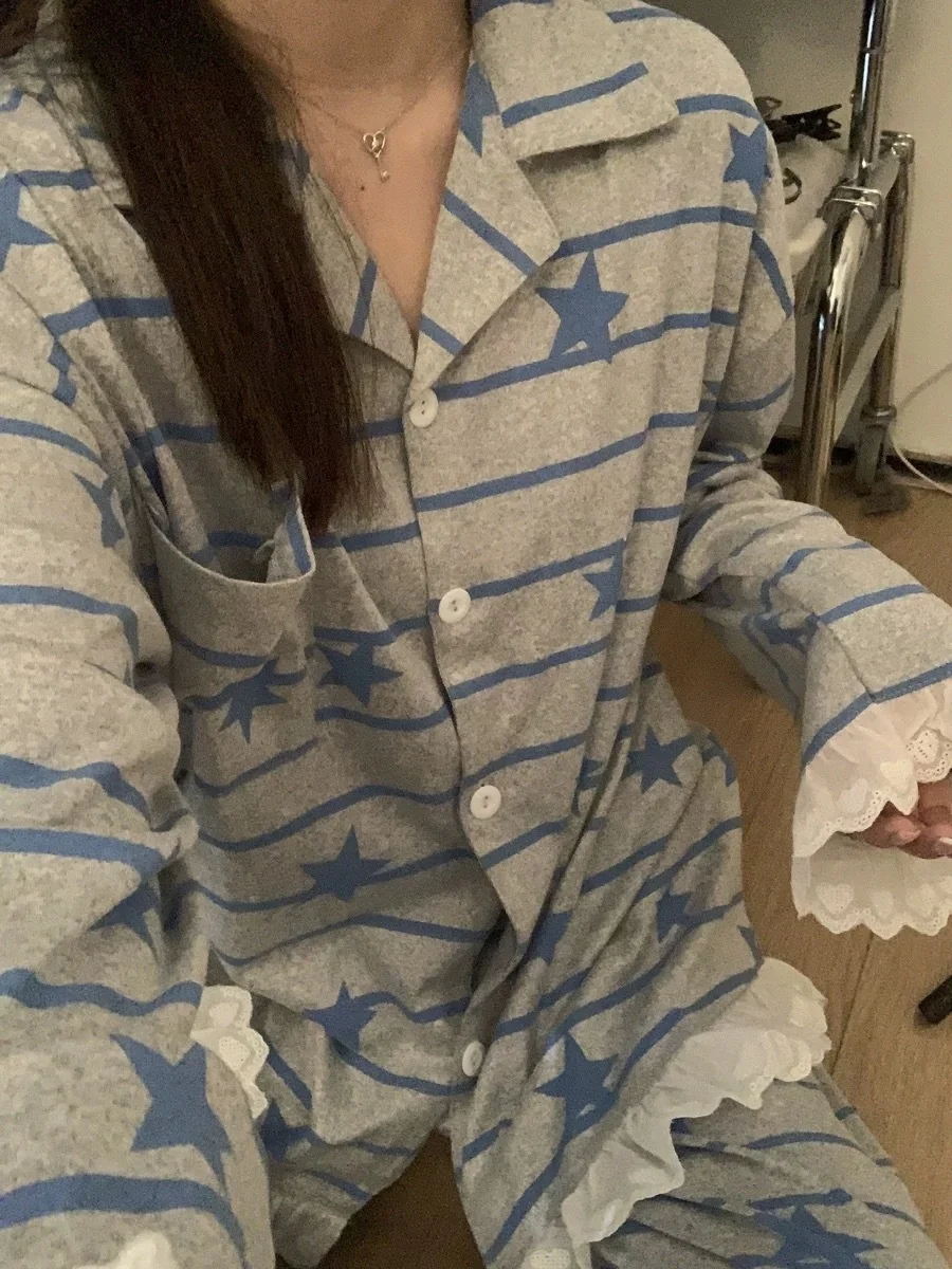 

American retro spicy girl contrasting striped pajama set autumn/winter Y2K style women's star printed long sleeved home wear emo