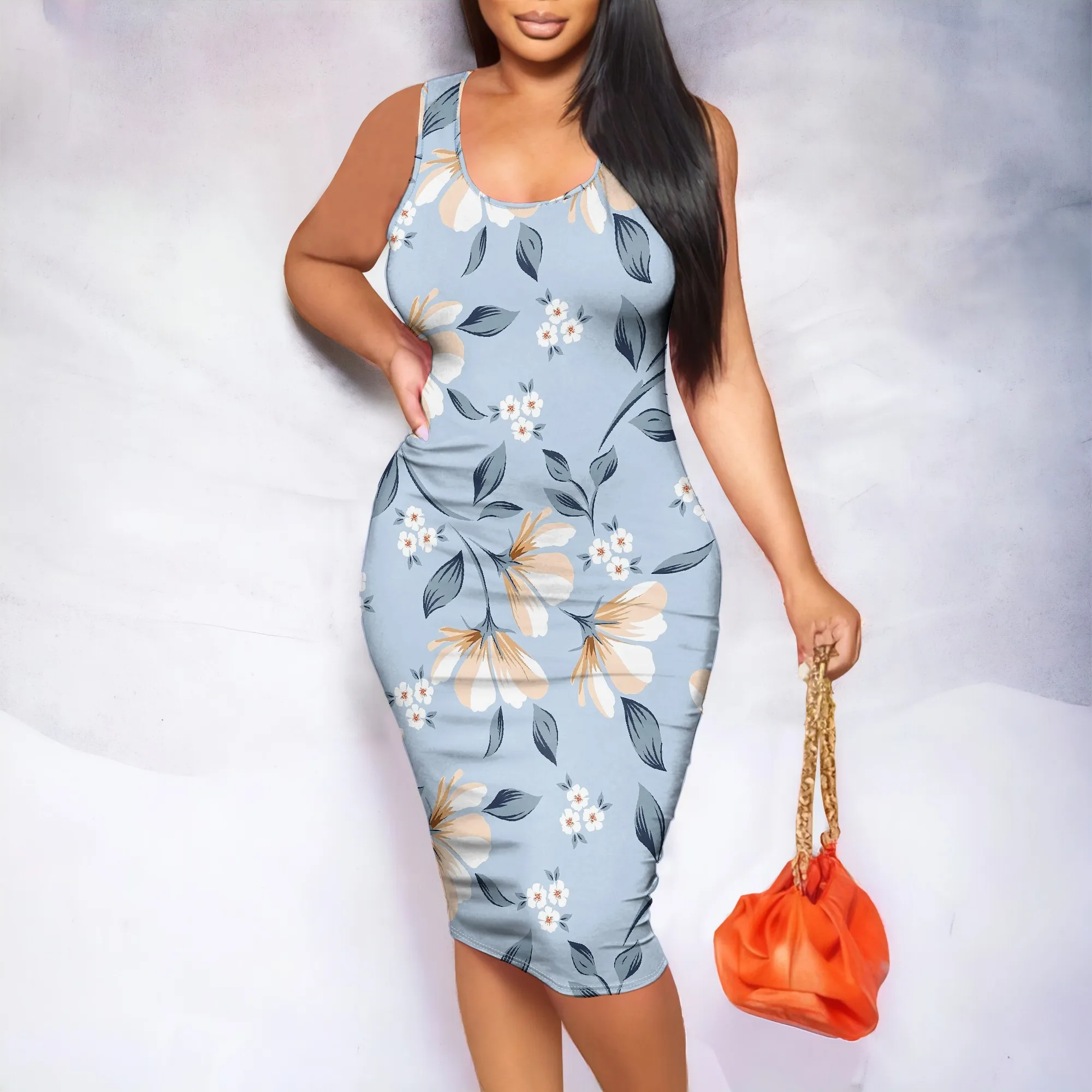

Floral Sleeveless Dress, Blue Floral Print Bodycon Dress, Round Neck Wide Strap Midi Dress for Women Casual Party Wear XS-2XL