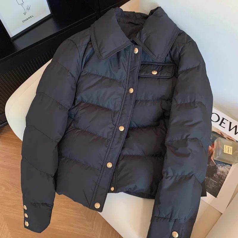 

Simple Temperament Black Cotton Coat for Women Versatile Fashionable Lapel Cotton Coat Autumn and Winter Warm Jacket New Style