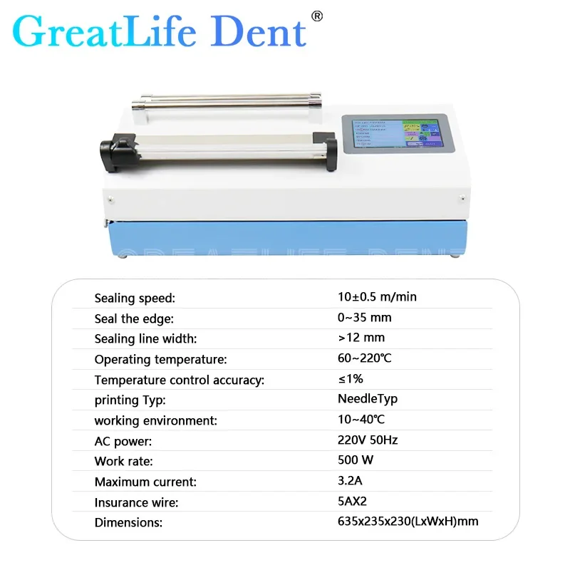 GreatLife Dent 500 W Automatische Sterilisation Beutelversiegelung Dentallabor Versiegelungsbeutelmaschine mit Zeitdrucker Halterung Versiegelungsmaschine