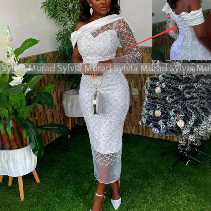 

Bling Sequins Heavily Beaded Wedding Dress One Shoulder Sheer Single Long Sleeves Tea Length Mermaid Customized Bridal Dresses