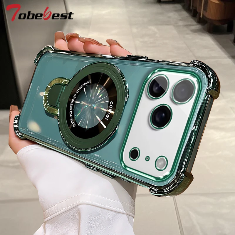 Capa magnética transparente à prova de choque com suporte magsafe para iphone 17 air 16 16e 15 14 plus13 12 11 pro xs max xr capa de silicone