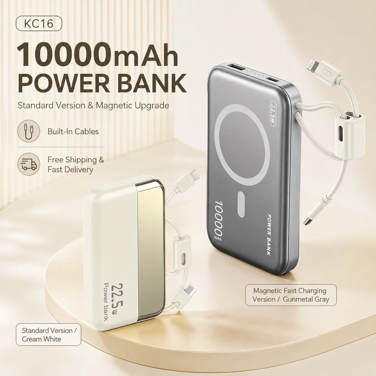 10000mAh 22.5W Power Bank with Built-in USB-C & 8-Pin Cables, Compact Phone Charger, Magnetic Wireless Charging Upgrade Version